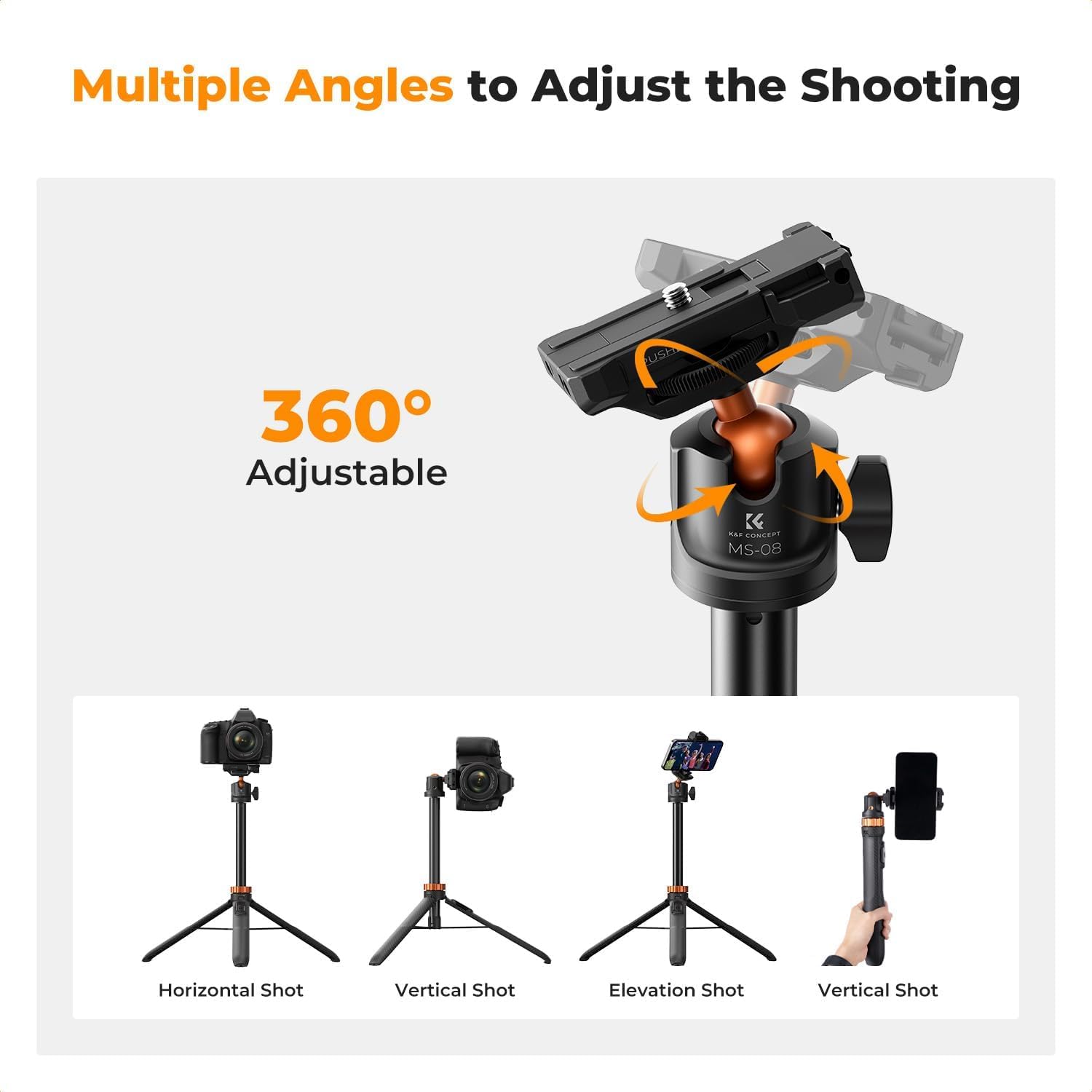 62'' Phone Selfie Stick Tripod | 360° Ball Head Camera Tripod with Remote, 2-in-1 Phone Holder Compatible with DJI