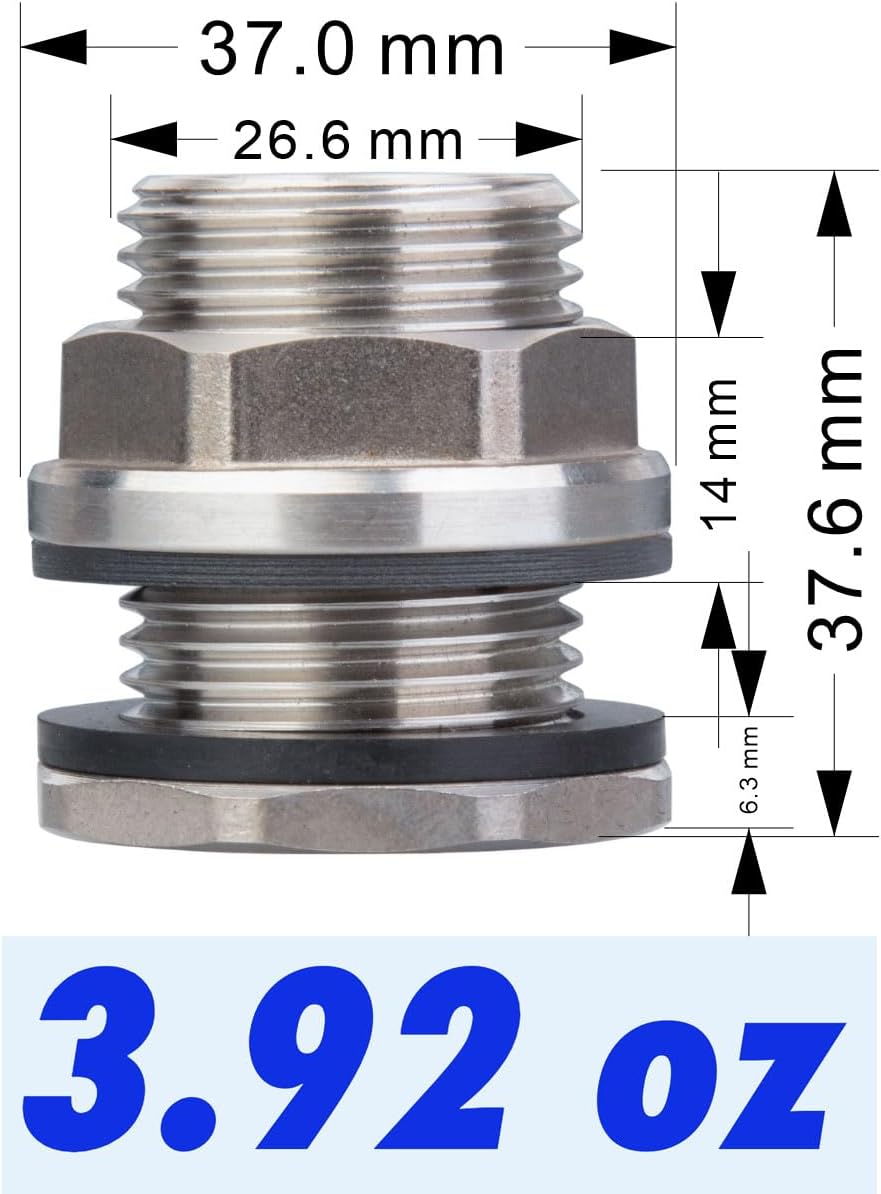 SSBF020 Stainless Steel 304 Bulkhead Tank Fitting (Double Female 1/2” NPT and Male 3/4" NH Garden Hose Threaded, w/Step gasket) (6)