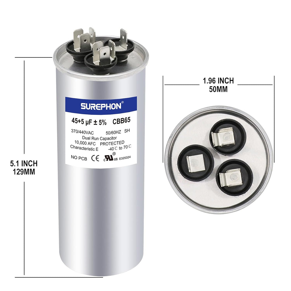 45+5 uF 45/5 MFD ±5% 370V/440VAC Dual Run Start Capacitor CBB65 Works for AC Unit Fan Motor Start or Heat Pump or Condenser Straight Cool