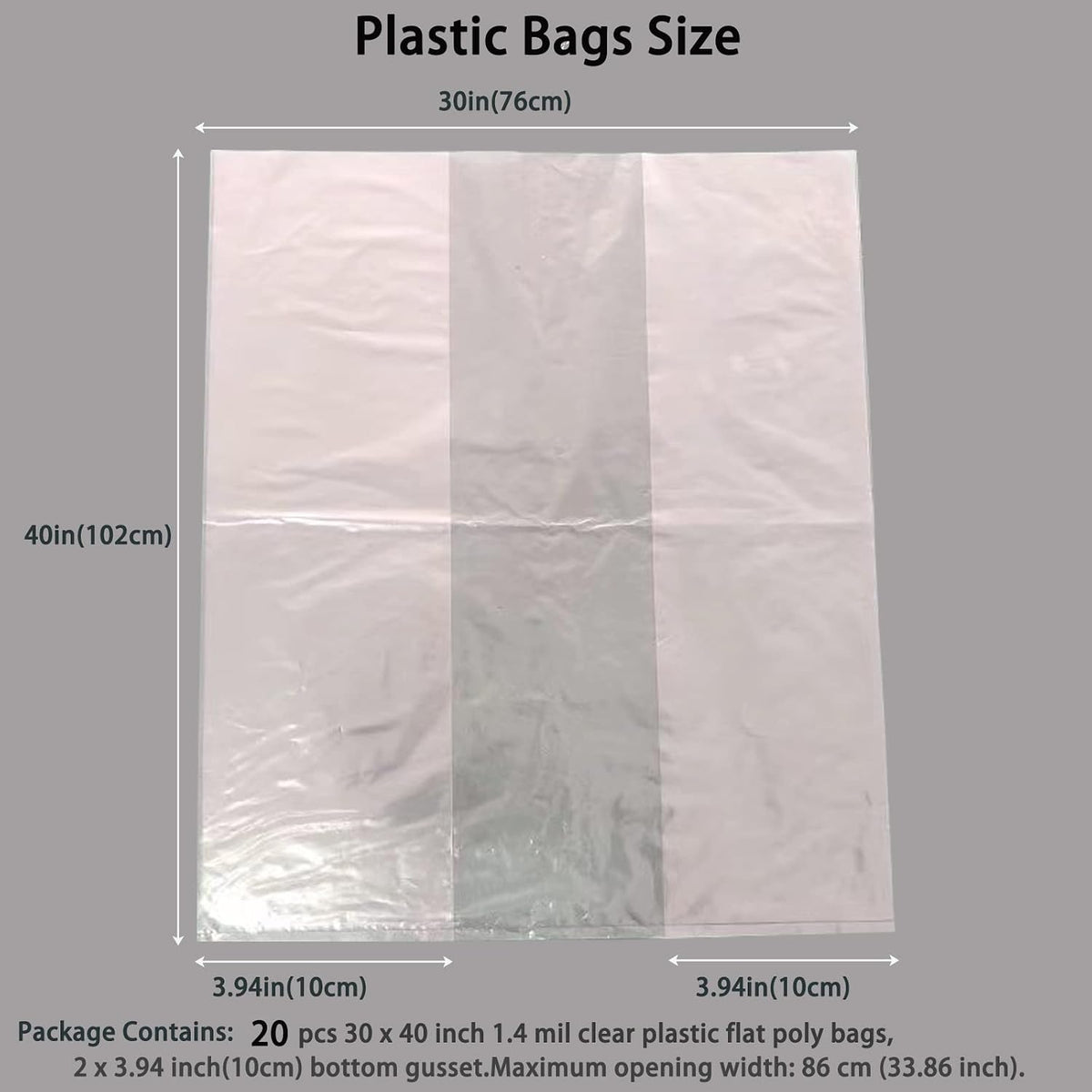 20 Pcs 30 x 40 inch 1.4 Mil Large Clear Plastic Flat Open Poly Bags(with Bottom Gusset) + 20 Pcs Ties