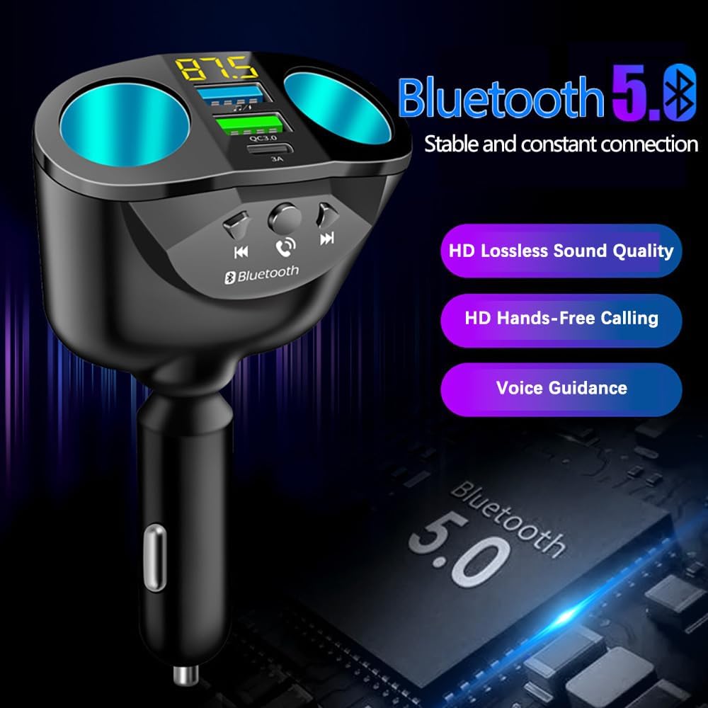 12-24V Car Cigarette Lighter Splitter, Bluetooth5.0 Adapter for Car [Voltage Detection], 2-Socket Cigarette Lighter