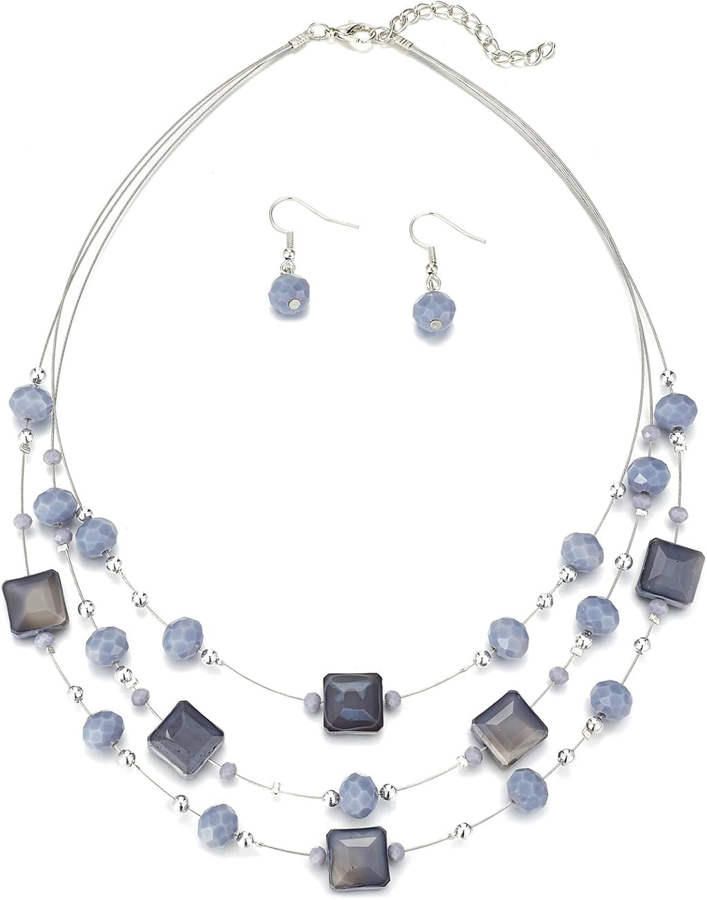 Layered Silver Beaded Necklace for Women Square Crystal Beads Statement Collar Necklace and Earrings Fashion Costumes