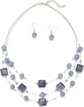 Layered Silver Beaded Necklace for Women Square Crystal Beads Statement Collar Necklace and Earrings Fashion Costumes