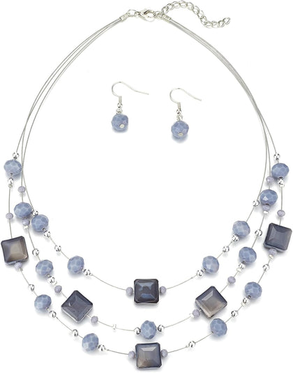 Layered Silver Beaded Necklace for Women Square Crystal Beads Statement Collar Necklace and Earrings Fashion Costumes