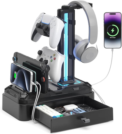 Headphone Stand with USB A&C Charger Ports - RGB Controller Stand with Detachable Hooks - Rotatable Headset Hanger &