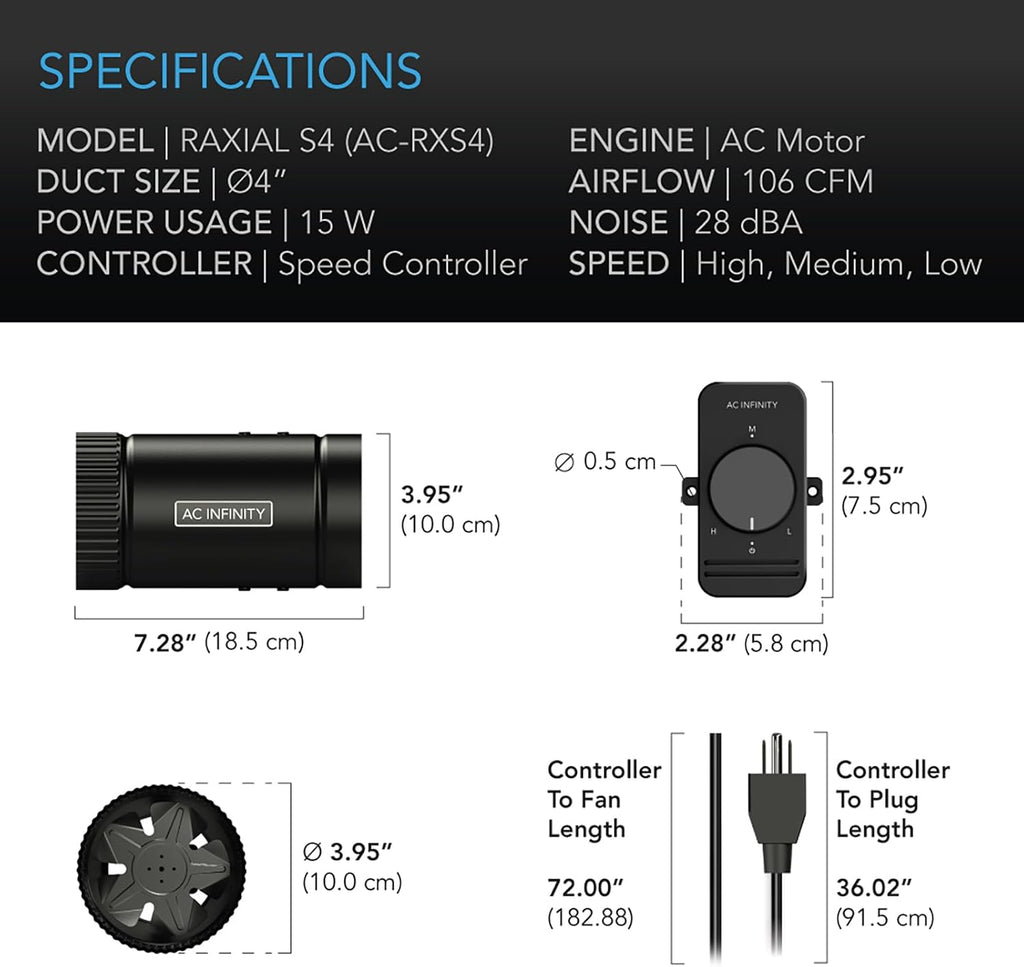 AC Infinity RAXIAL S4, Inline Booster Duct Fan 4” with Speed Controller