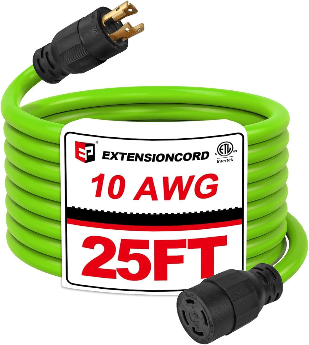 25 Ft 10/4 30-Amp Generator Outdoor Extension Cord, L14-30P/R, Green | 10 Gauge SJTW 4-Prong 125/250V 7500W NEMA