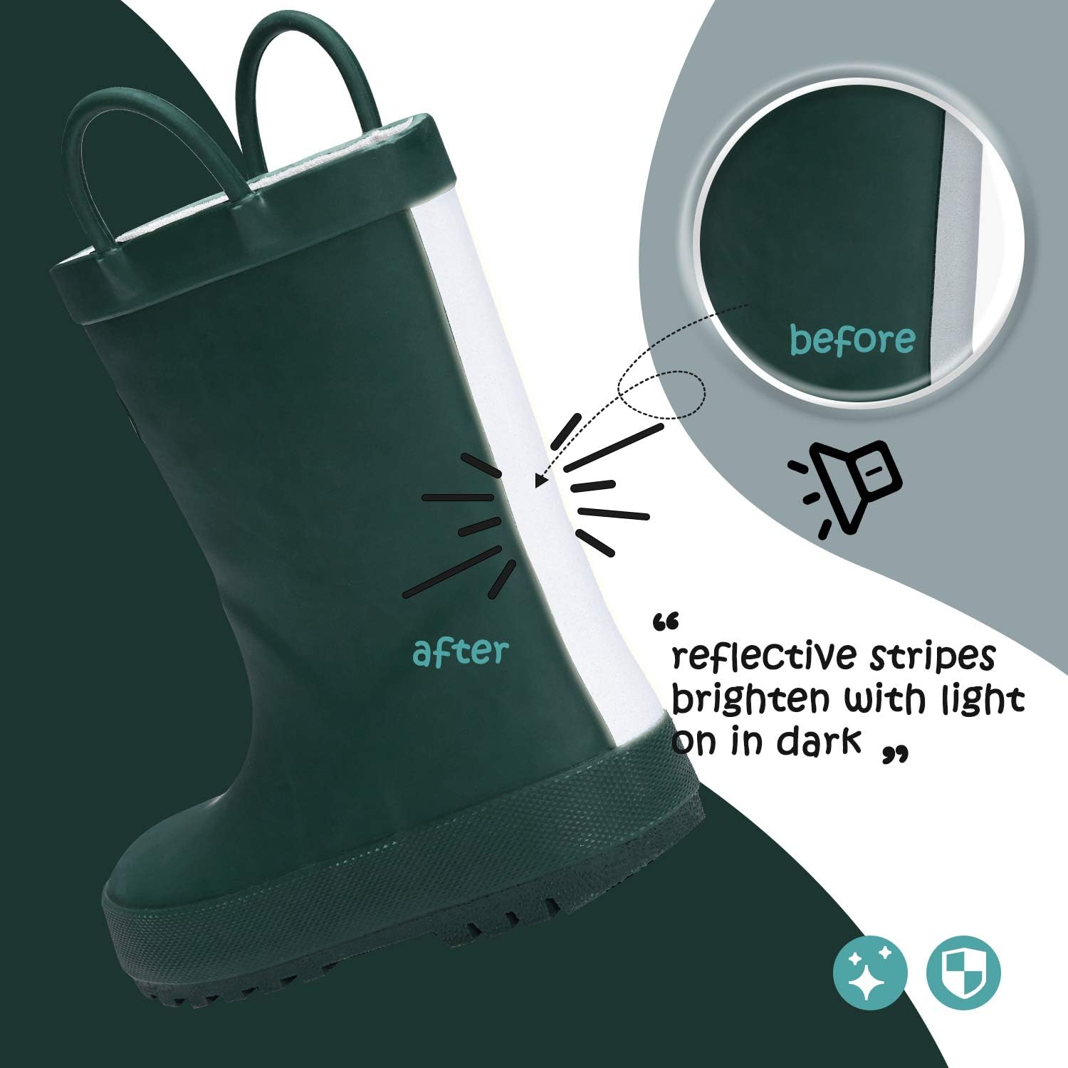 Kids Rain Boots, Waterproof Rubber Boots with Easy-on Handles | Pull on, Slip-resistant, Double Handles