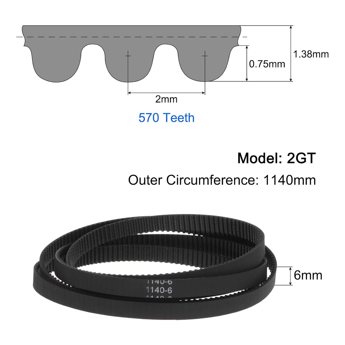 uxcell 2pcs 2GT Timing Belt Closed Loop Rubber Belts 1140-2GT-6