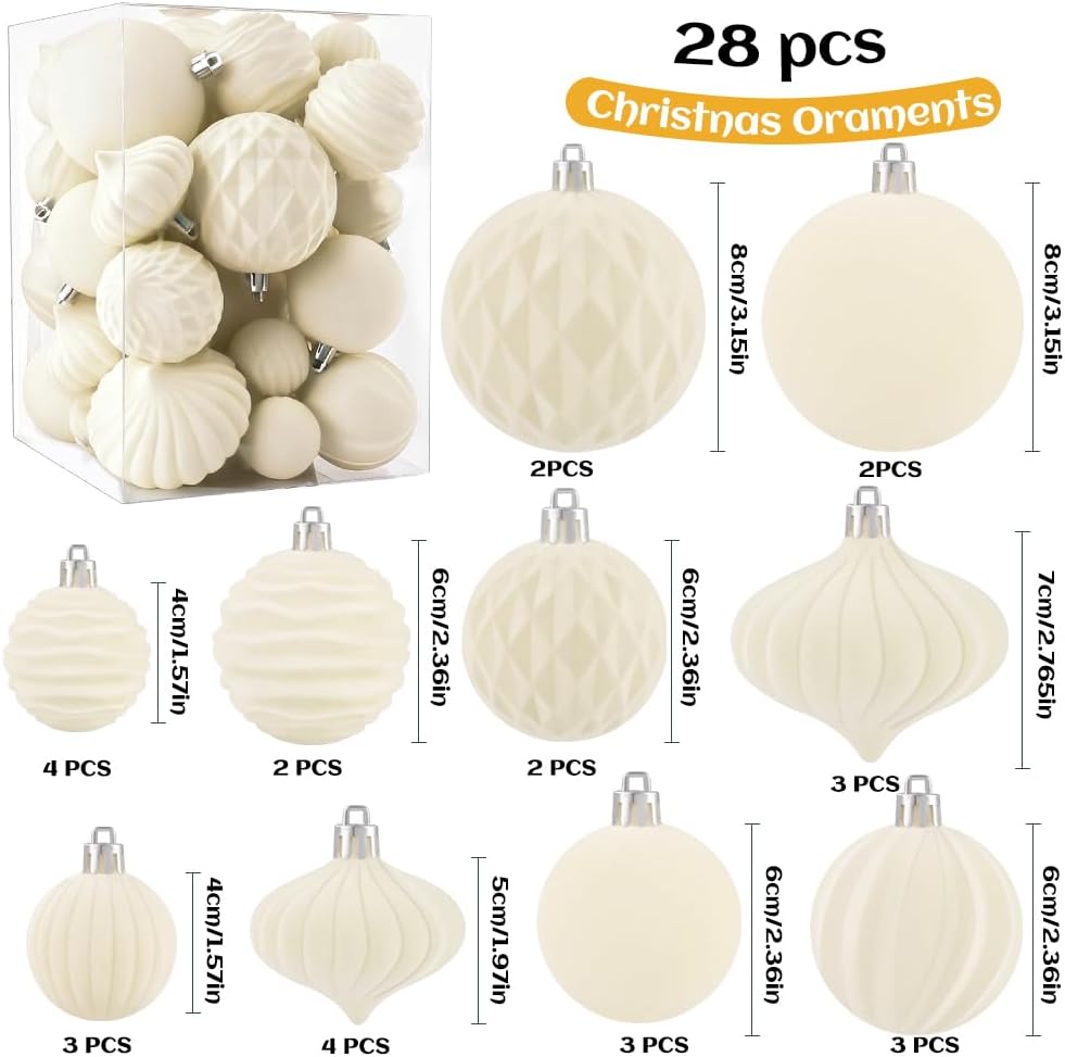 28PCS Velvet Christmas Balls Ornaments, Flocked Shatterproof | Beige Cream Xmas Tree Hanging Decoration Plastic Ball