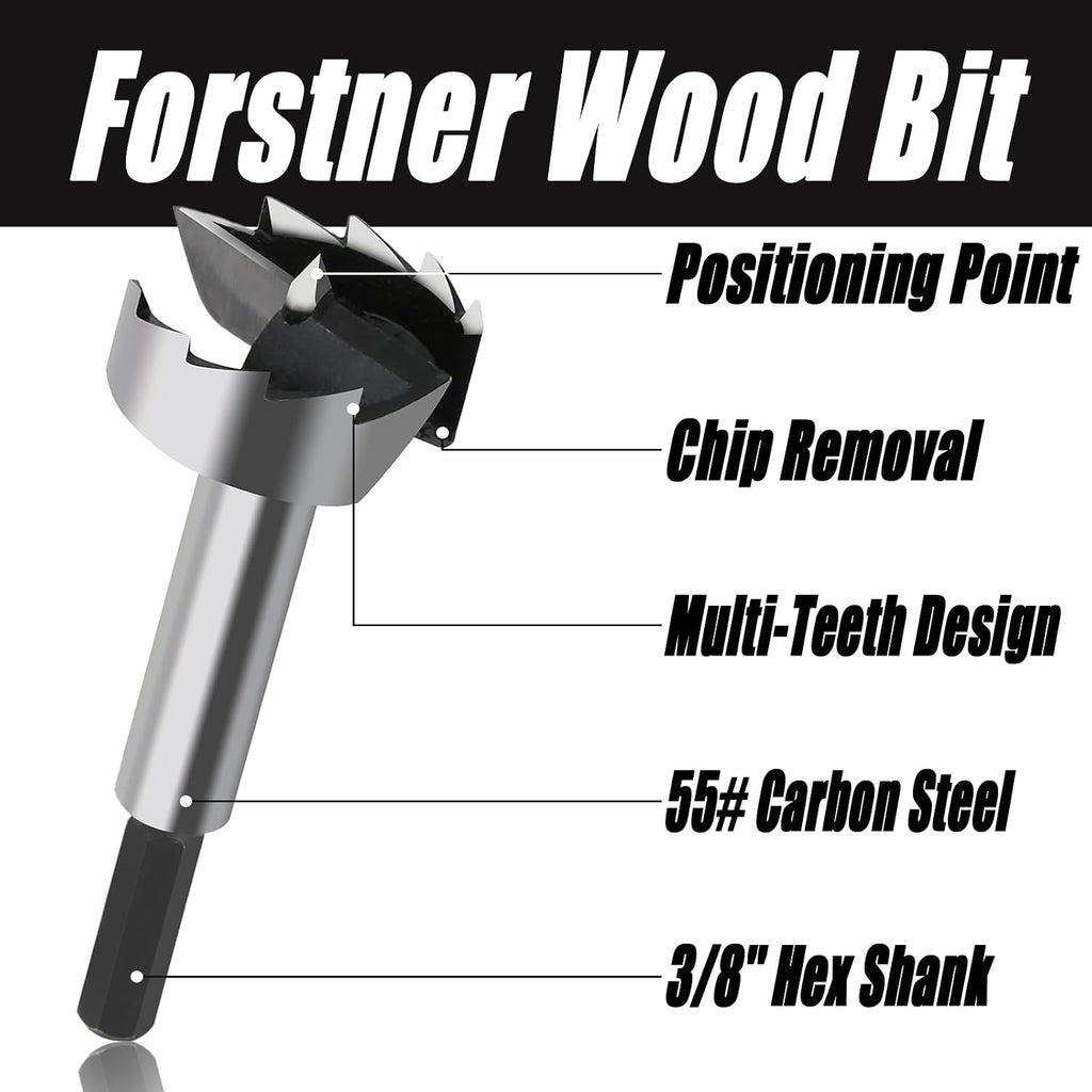 1/4''-2-1/8'' 16PCS HCS Forstner Drill Bit Set for Wood, Hex Shank | Multi-Tooth Forstner Bits for Woodworking, Wood