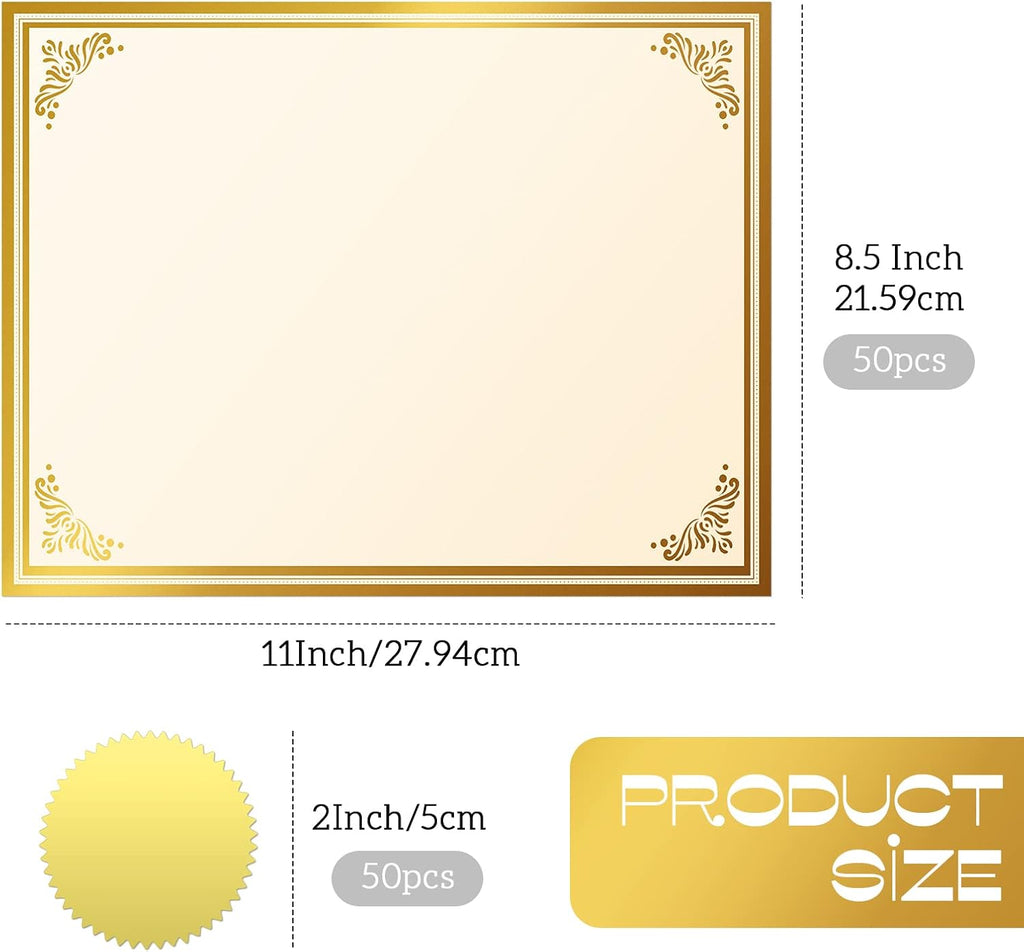 50 Sheets Graduation Award Certificate Papers 8.5 x 11 Inches with Seals, Blank Gold Foil Border Diploma Paper for