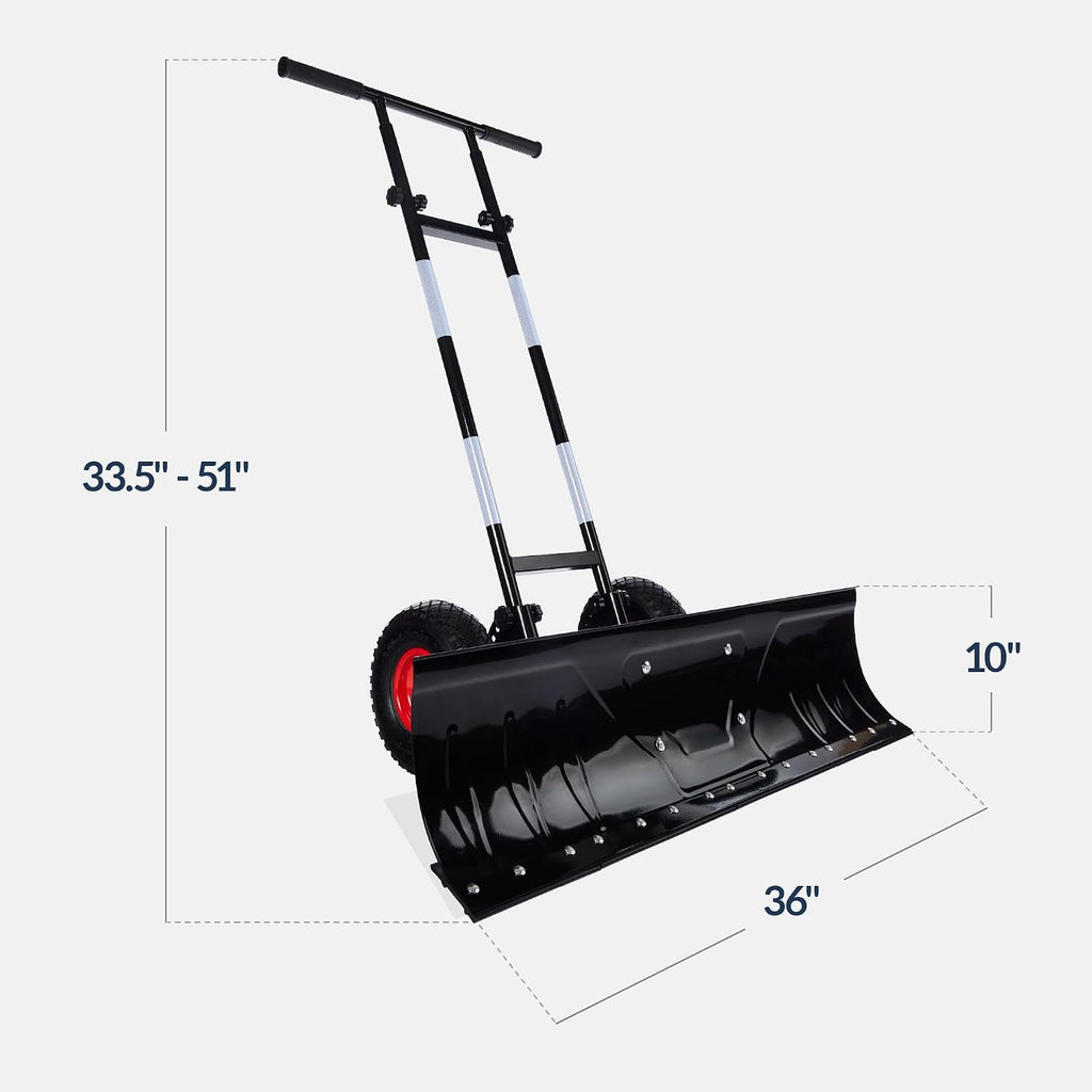 36in Galvanized Blade Heavy-Duty 2-Wheel Snow Pusher Hand Plow for Snow Removal w/Wheels, Adjustable Handle, Blade