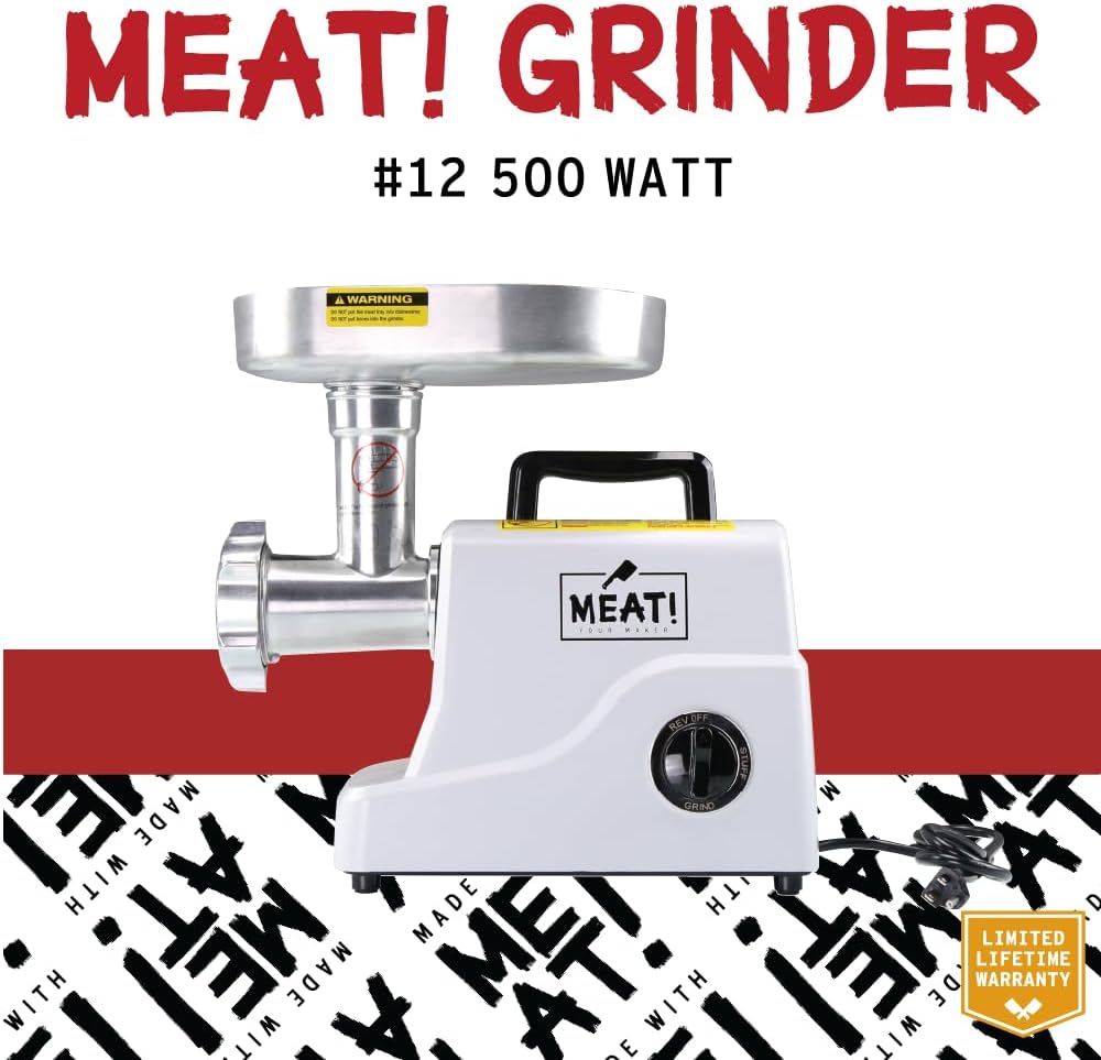 MEAT! 500 Watt Pro-Grade Meat Grinder #12 with Electric Motor, Coarse and Fine Grinding Plates, Stuffing Tubes
