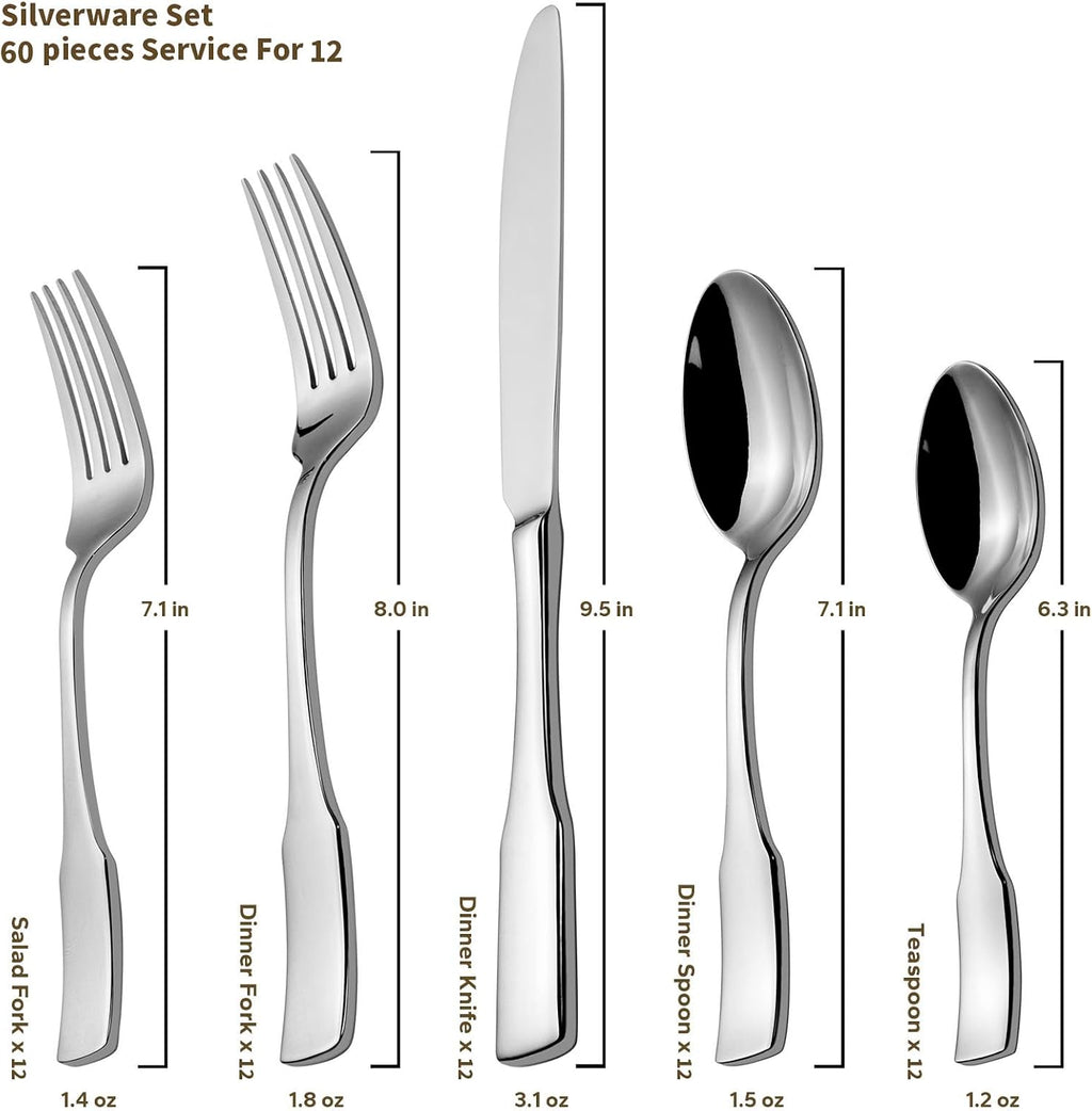 Kate 60-Piece Silverware Set Stainless Steel Flatware Set,Service for 12,Mirror Polished Cutlery Set,Dishwasher Safe