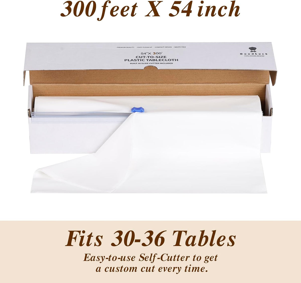 54 Inch X 300 Feet Plastic Table Cloths with Cutter Box, White Disposable Table Cover Roll, Plastic Tablecloth for