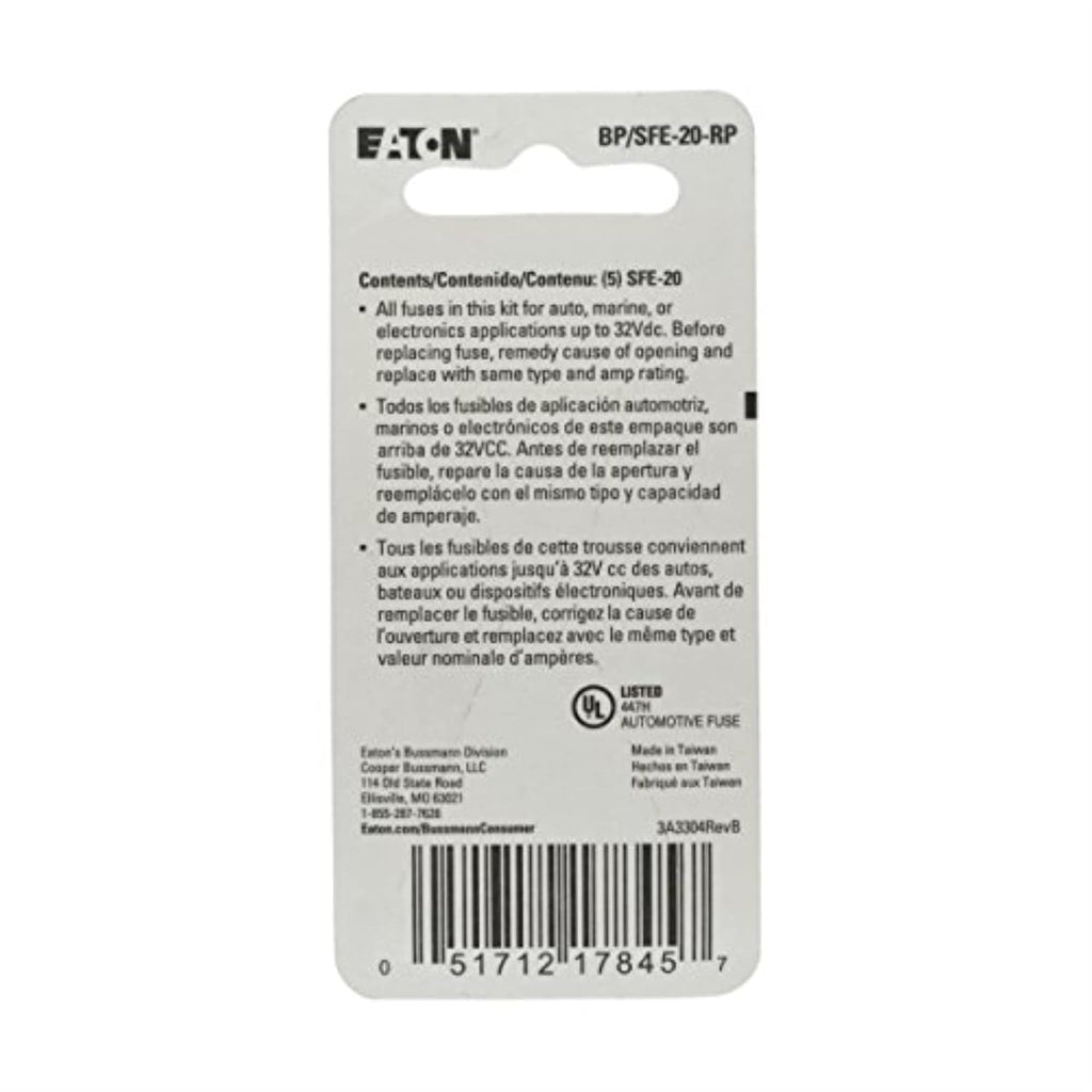Bussmann BP/SFE-20 20 Amp Fast Acting Glass Tube Fuse