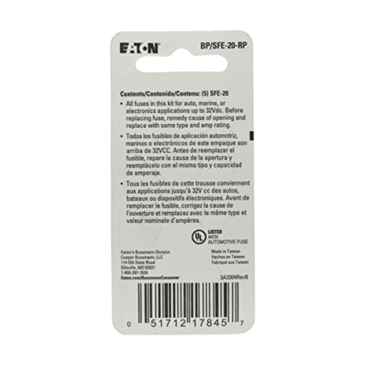 Bussmann BP/SFE-20 20 Amp Fast Acting Glass Tube Fuse