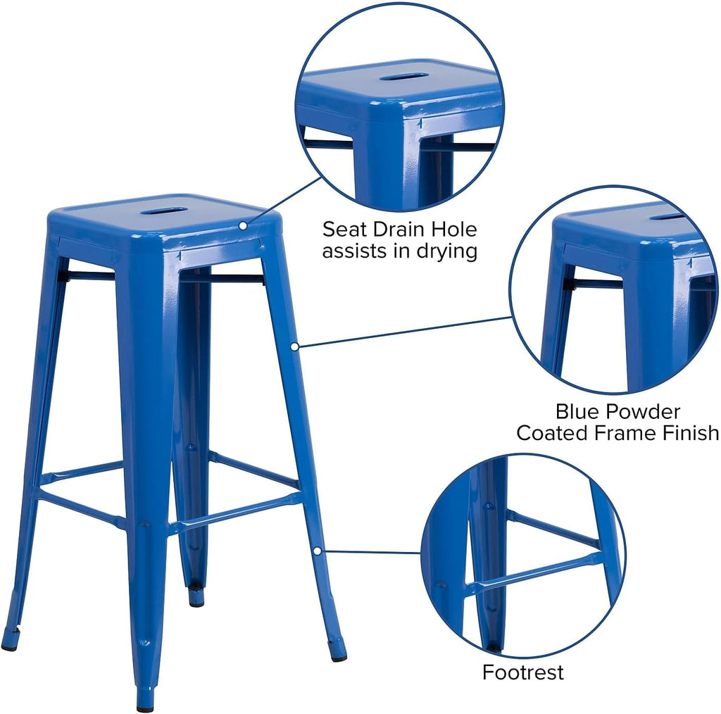 30 in Metal Indoor/Outdoor Backless Barstool, Blue, 4-Pack