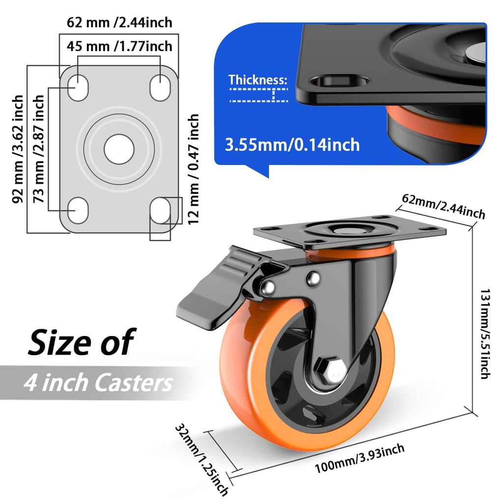 4 inch Casters Set of 4 Heavy Duty, Casters Wheels with Brake Load 2200lbs, Locking Swivel Top Plate Caster