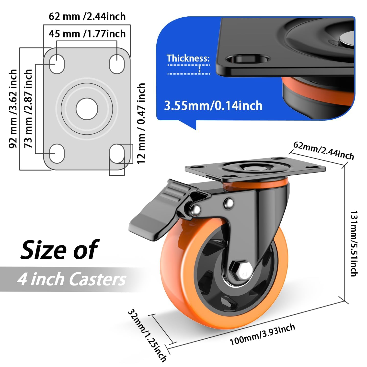 4 inch Casters Set of 4 Heavy Duty, Casters Wheels with Brake Load 2200lbs, Locking Swivel Top Plate Caster