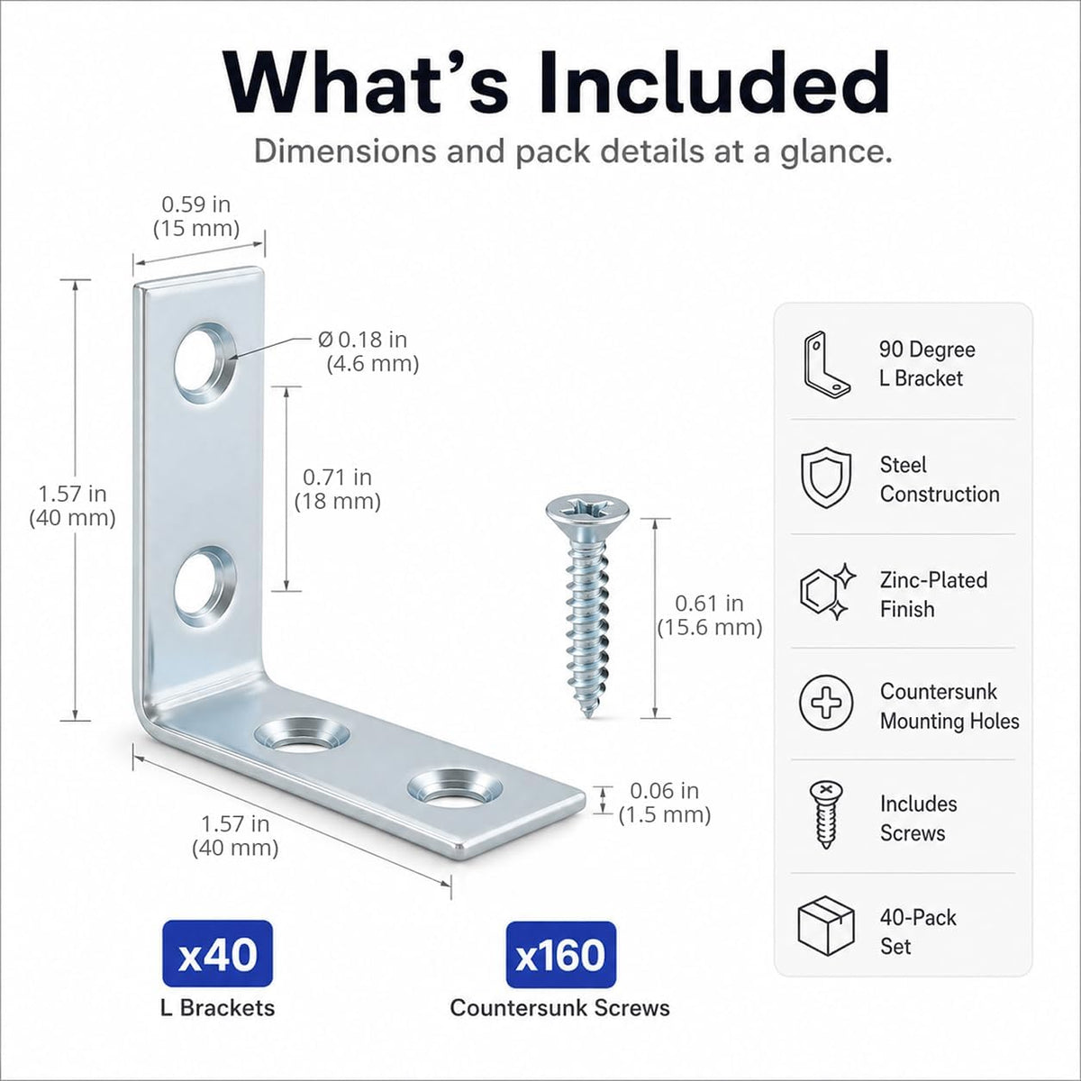 40 Pack L Bracket Corner Braces, 1.5 Inch Zinc Plated Steel Right Angle Brackets for Wood Shelves, Cabinets & Chairs
