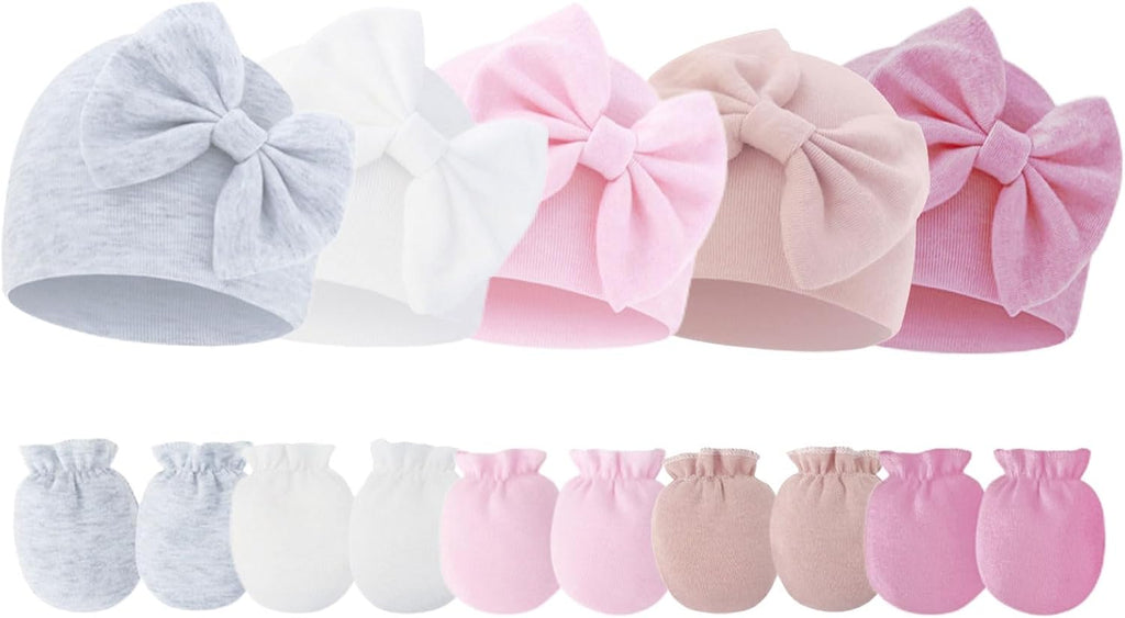 Newborn Baby Hats Mittens Sets Bow Infant Caps Gloves No Scratch Mitten Beanie Set for 0-6 Months Girls