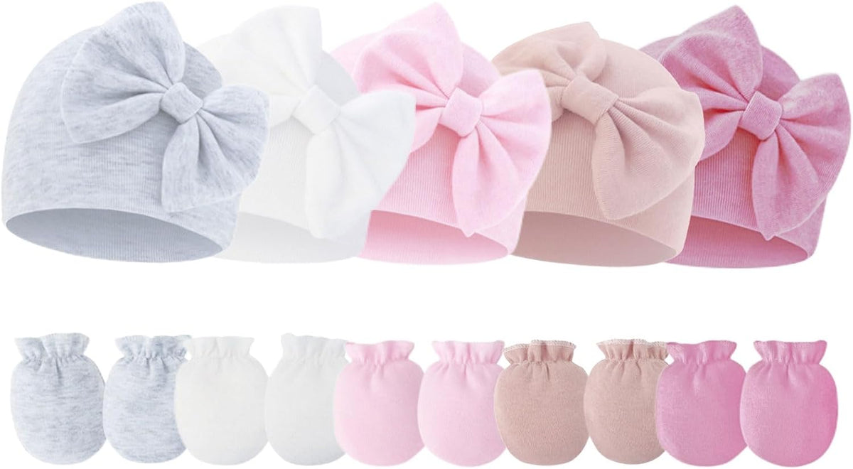 Newborn Baby Hats Mittens Sets Bow Infant Caps Gloves No Scratch Mitten Beanie Set for 0-6 Months Girls
