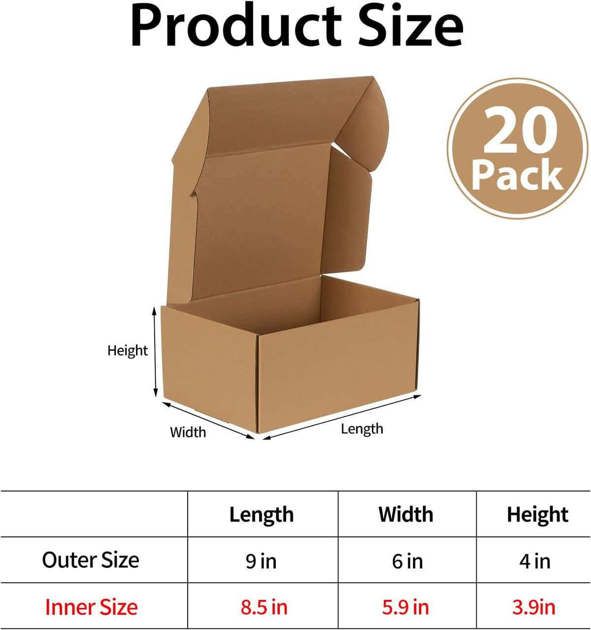 Shipping Boxes 9x6x4 Set of 20, Corrugated Cardboard Box for Packing Small Business, Brown