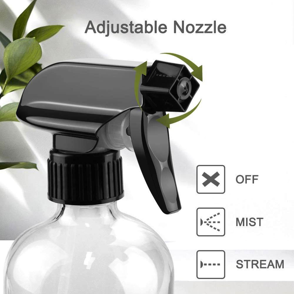 Glass Spray Bottles, 16oz Refillable Containers, Empty Boston Round Bottles with Labels & Adjustable Nozzle for