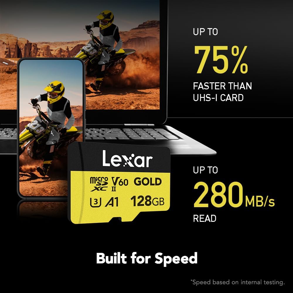 128GB Gold Micro SD Card, 280MB/s Read, 4K, V60, UHS-II, A1 | Compatible w/ Drones, Action Cameras, UHS-II Portable