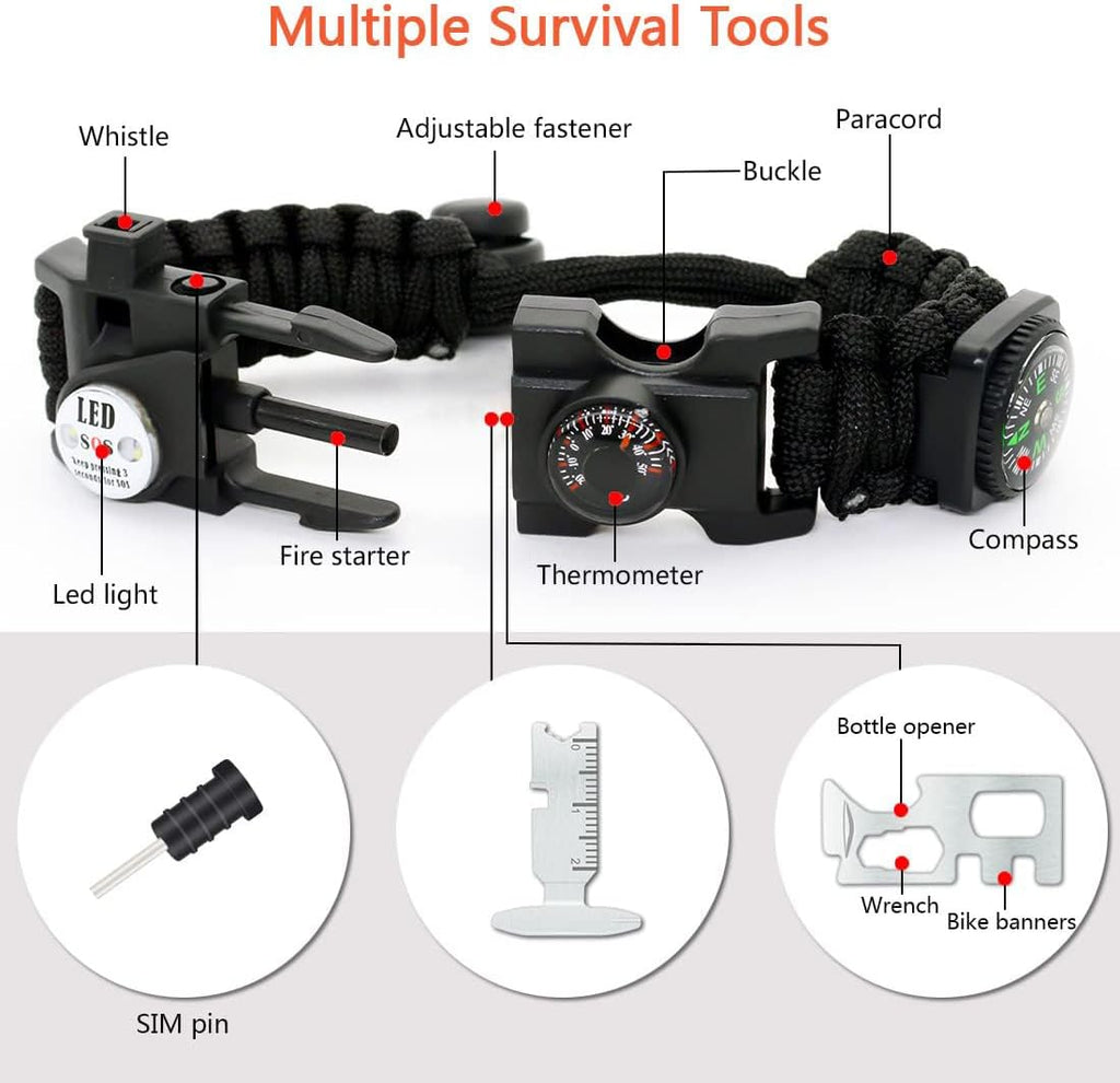 20 in 1 Survival Paracord Bracelet Adjustable Gear Kit with SOS LED Light, Fire Starter, Bigger Compass, Survival