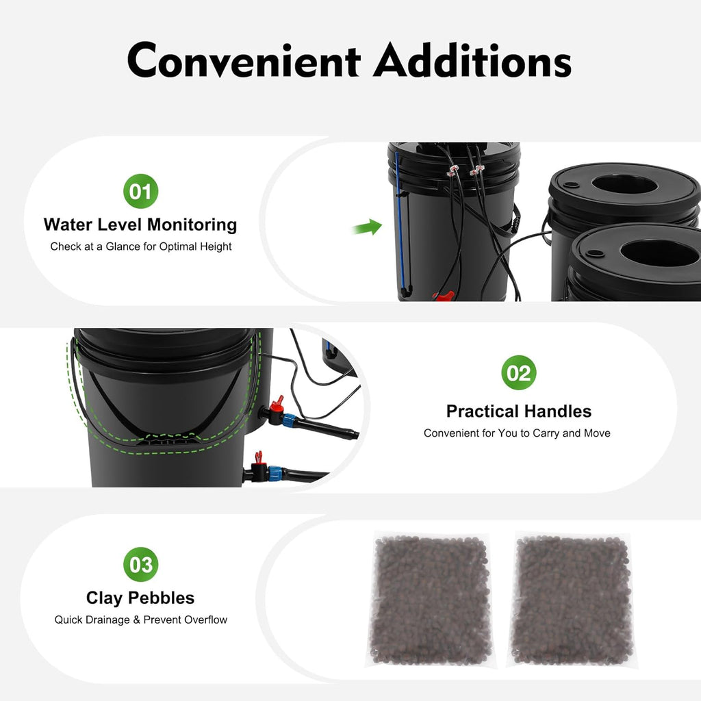 DWC Hydroponics Grow System, 5 Gallon 5-Bucket Deep Water Culture Growing Bucket with Pump, Air Stone and Connected
