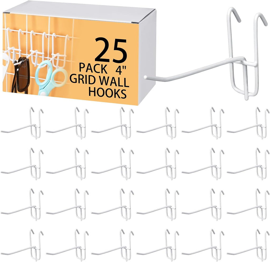 25 Pack Grid Wall Hooks, 4 Inch White Gridwall Hanger | Metal Build for Retail Craft Displays, Fits Gridwall Panels
