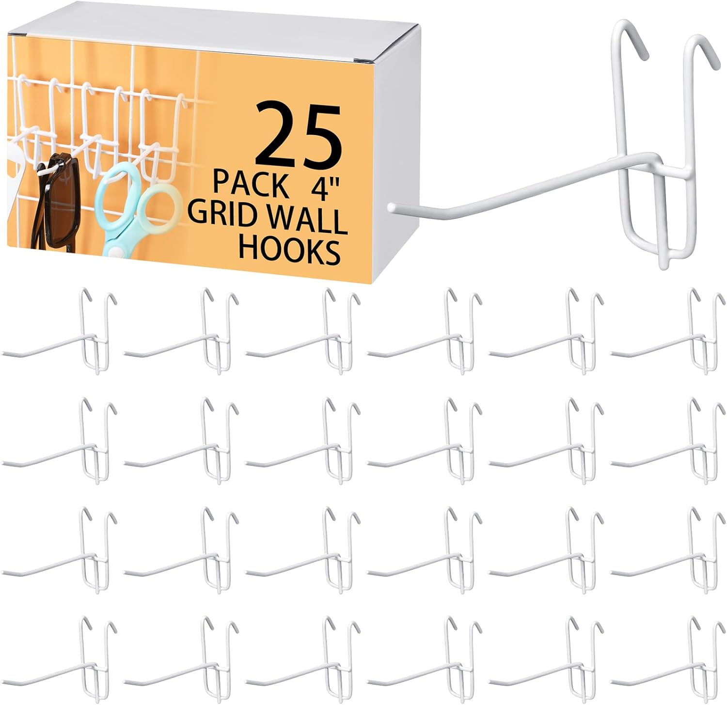 25 Pack Grid Wall Hooks, 4 Inch White Gridwall Hanger | Metal Build for Retail Craft Displays, Fits Gridwall Panels