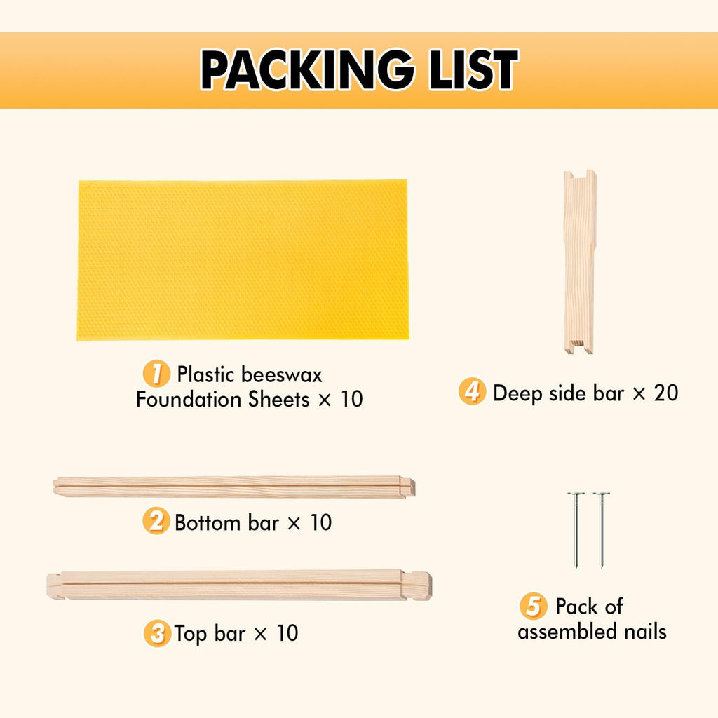 10 Pack Beehive Frames with Wax Dipped Plastic Foundations, Deep Brood Box Bee Frames 9-1/8 Inch for Beekeeping (Yellow)
