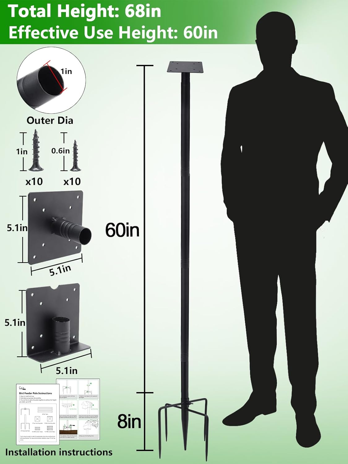 Bird Feeder Pole for Outdoors - 68" Adjustable Bluebird House Stand with 5-Prong Anchor, Heavy Duty Outside Smart