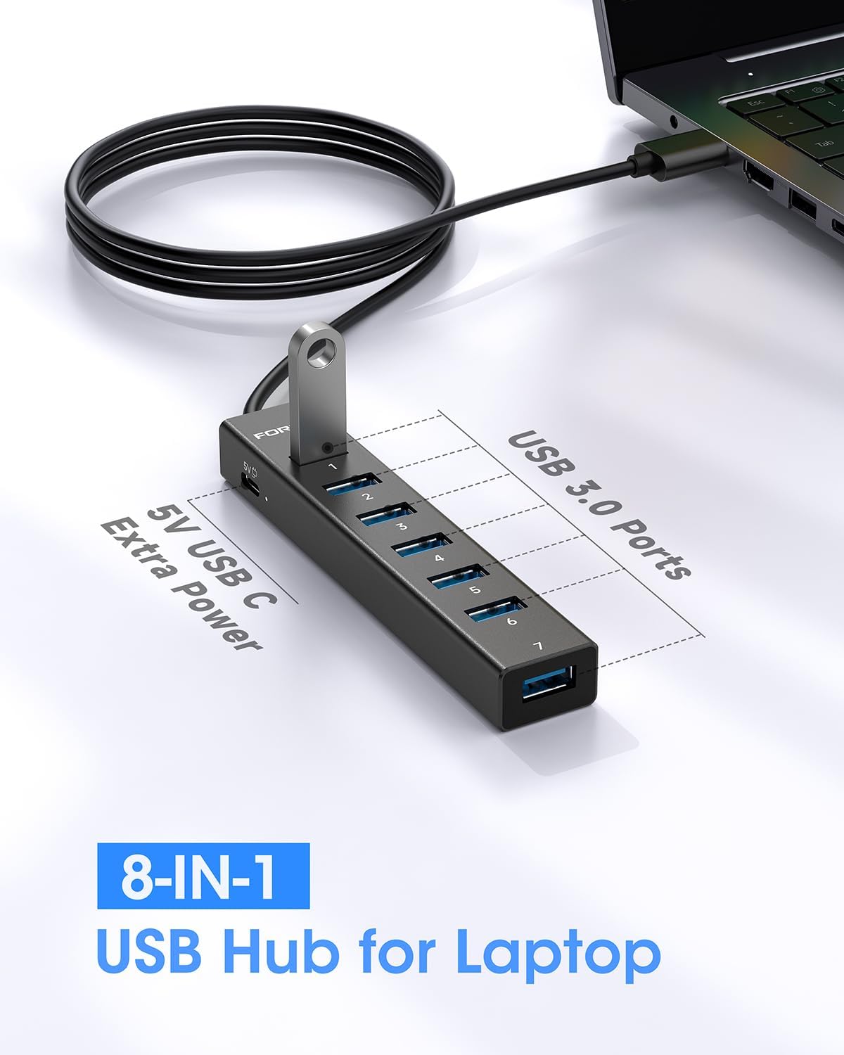 Aluminum Alloy 8 Port USB Hub Long Cable USB Splitter with 7-USB3.0 Data Ports and TypeC 5V/3A Power Port Compatible
