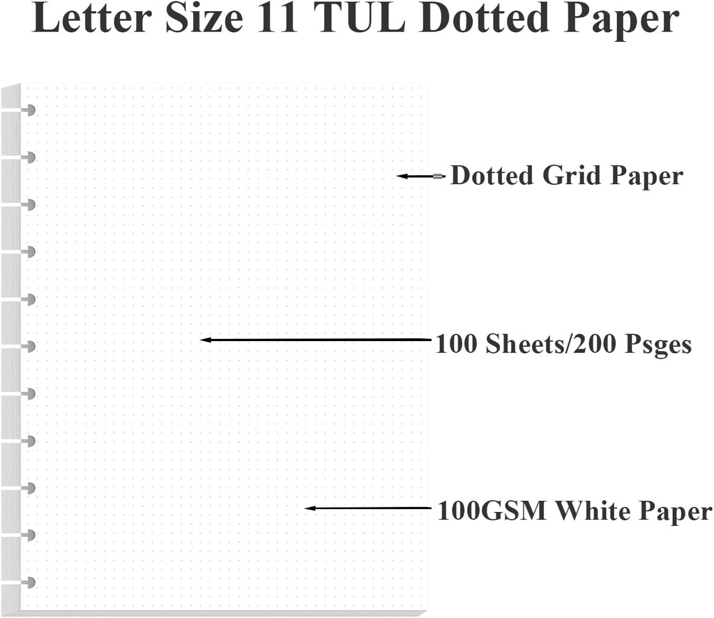 A4 TUL Discbound Dotted Refill Paper, 11-Disc Dot Grid Filler Paper, 100Sheets / 200Pages, 100gsm White Paper, 8.5''