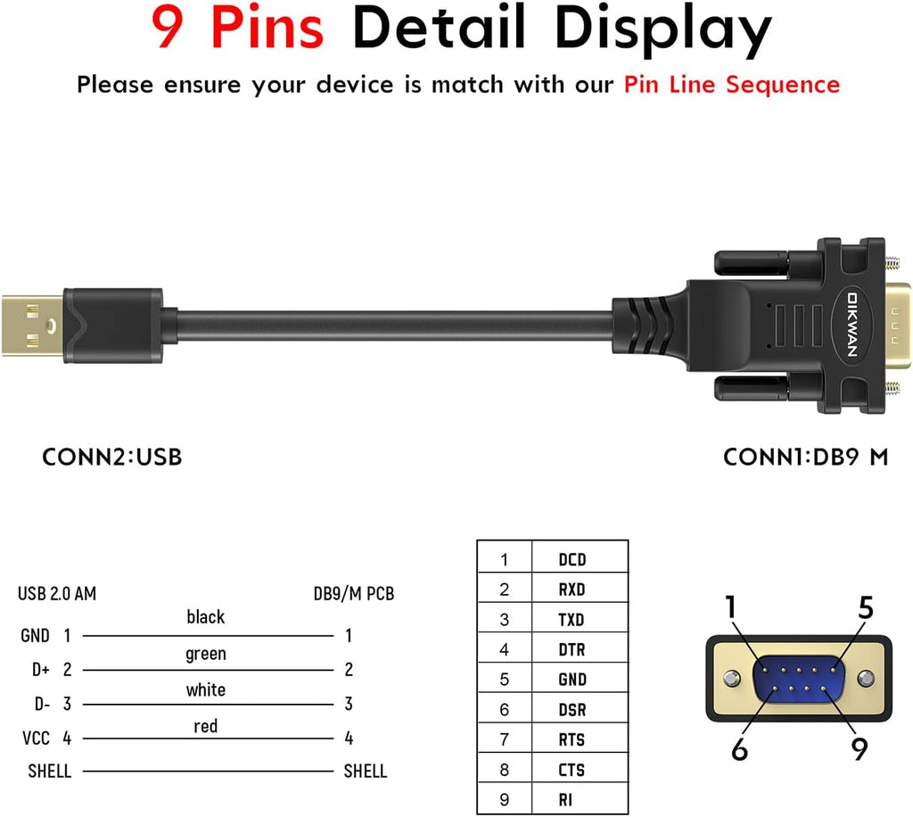 USB to RS232, USB Serial Adapter with FTDI Chipset,USB 2.0 to Male DB9 Serial Cable for Windows 11,10, 8, 7, Vista, XP, 2000, Linux and Mac OS(6ft)…