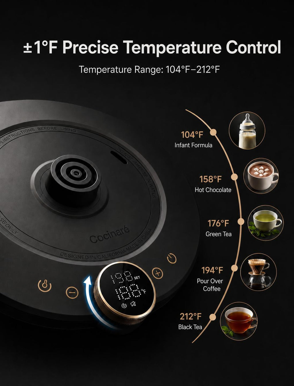 Gooseneck Electric Kettle, ±1°F Precise Temperature Control, 1500W Fast Heating, Pour Over Coffee & Tea Kettle with