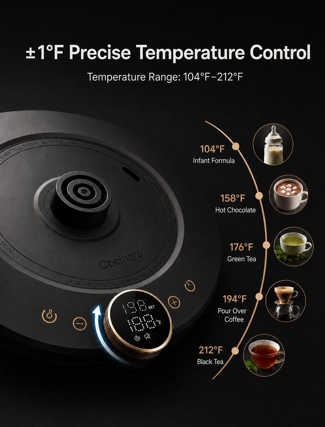 Gooseneck Electric Kettle, ±1°F Precise Temperature Control, 1500W Fast Heating, Pour Over Coffee & Tea Kettle with