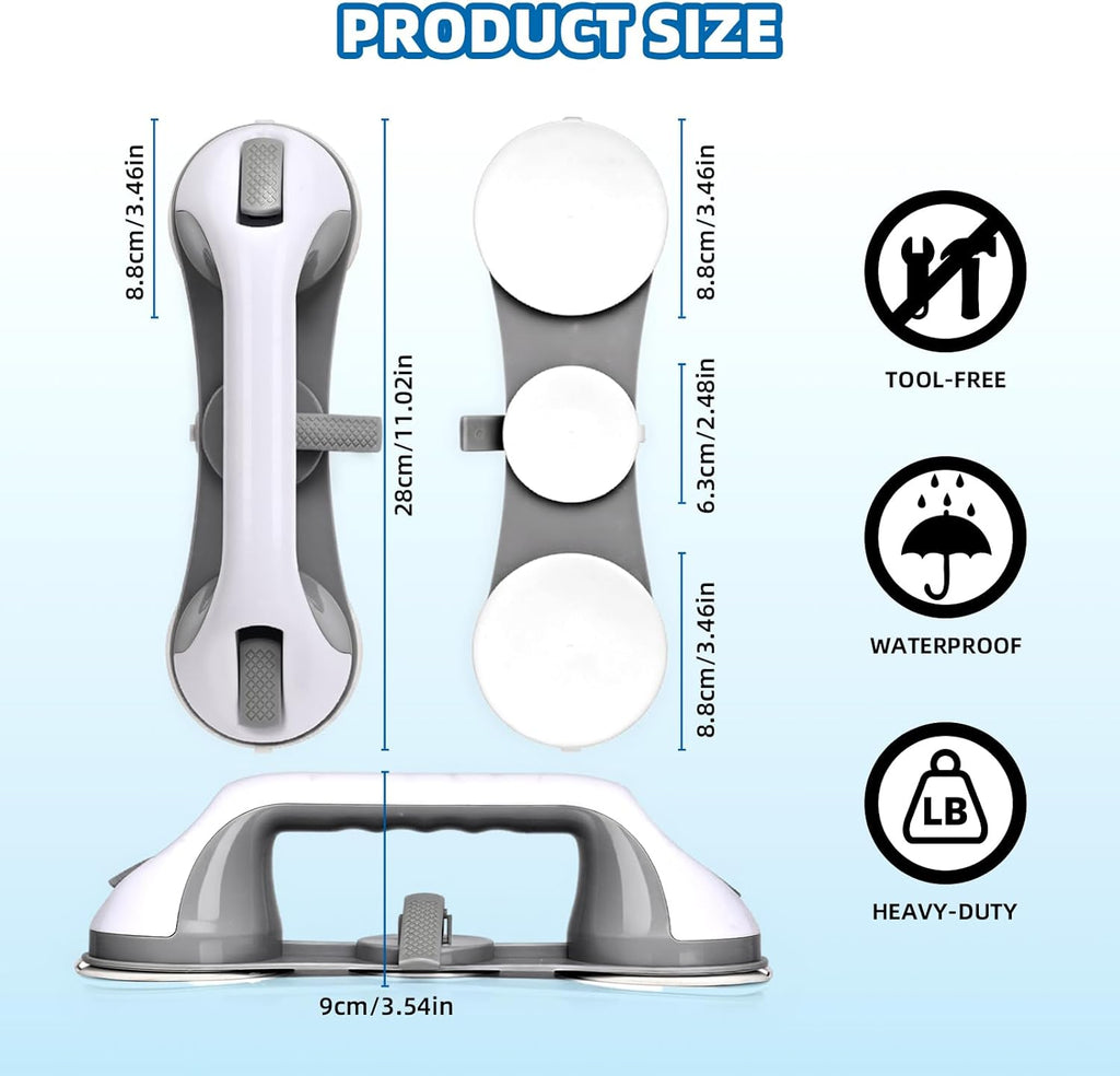 Grab Bars for Bathtubs and Showers, 2 Pack No-Drill Suction Shower Handles with 3 Suction Cups, Removable Bathroom