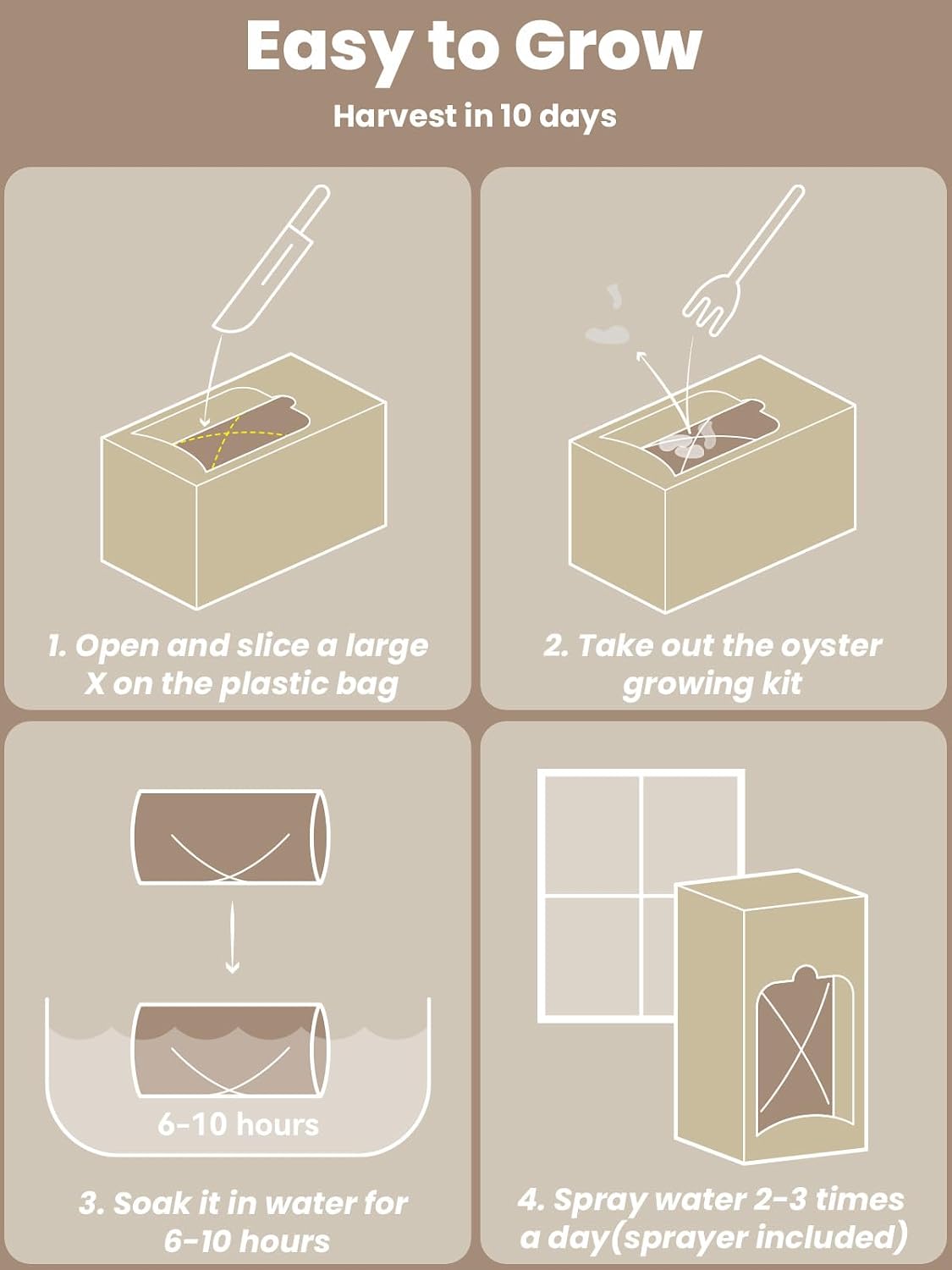 Organic Oyster Mushroom Growing Kit with Spray, Harvest Fresh Mushrooms at Home, Beginner Friendly & Easy to Use