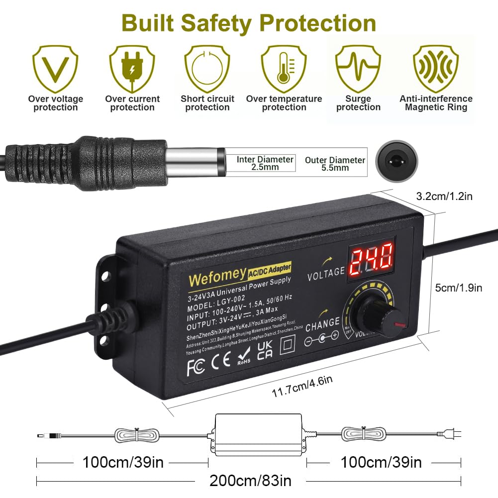 Wefomey 3V-24V 3A Universal Power Supply 72W Adjustable 2-Pin AC/DC Adapter
