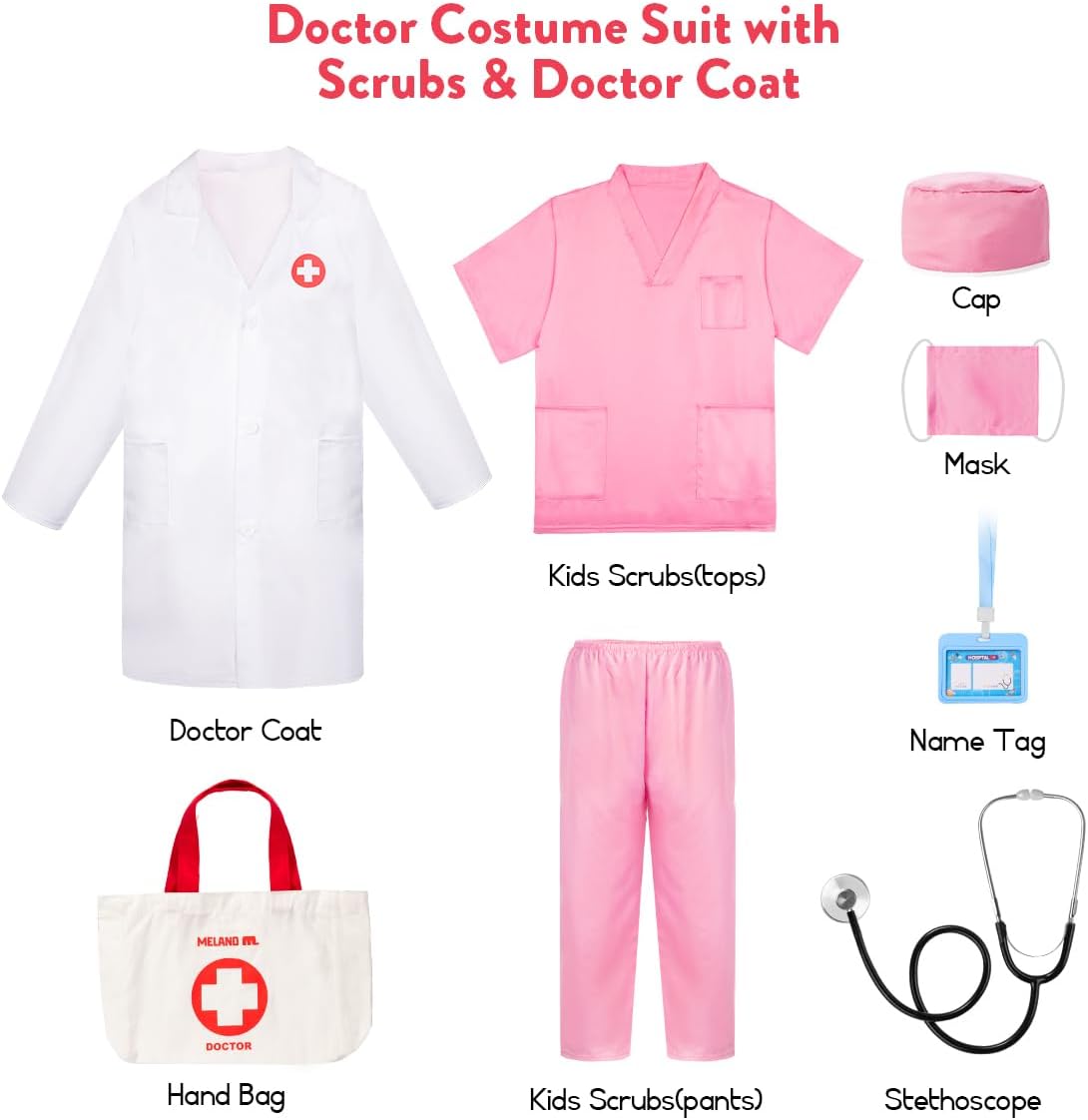 Doctor Costume for Kids 3-10, Pretend Play Career Dress Up with Bag | Career exploration gift for boys girls