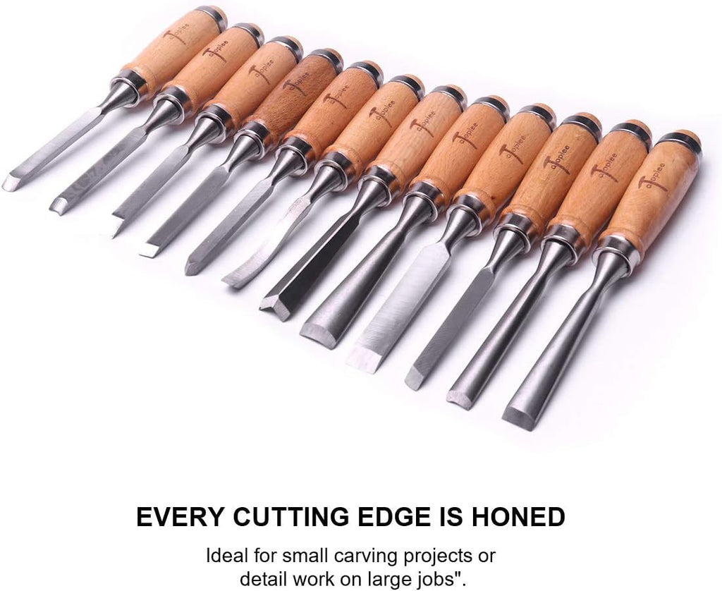 12pcs Wood Carving Chisel Set for Woodworking, Professional Wood Gouge Tools with Box and Roll Up Bags for Carpenter