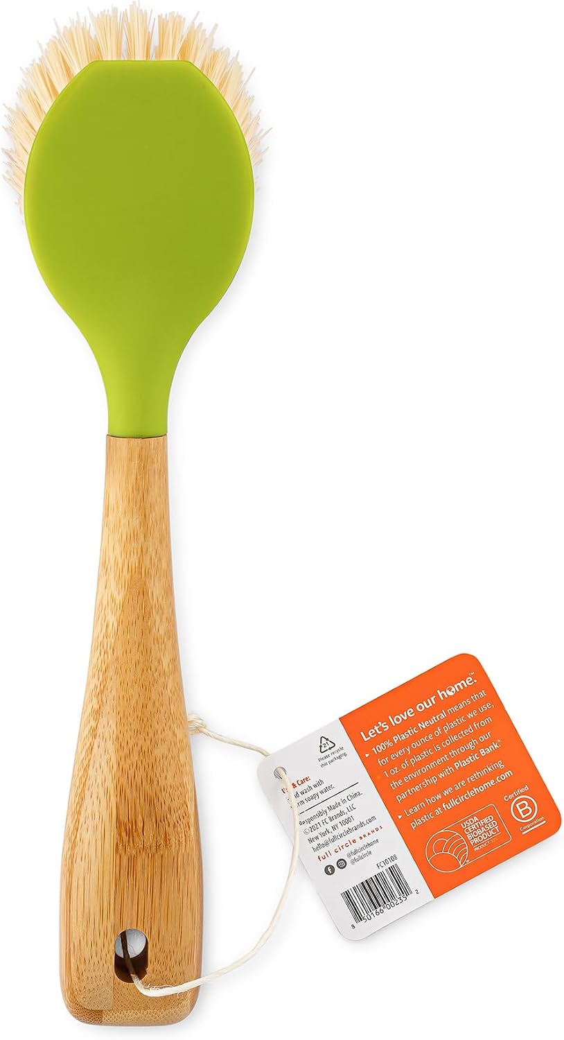 Kitchen Dish Brush, Bamboo Handle & Strong Bristles, Green 1pk