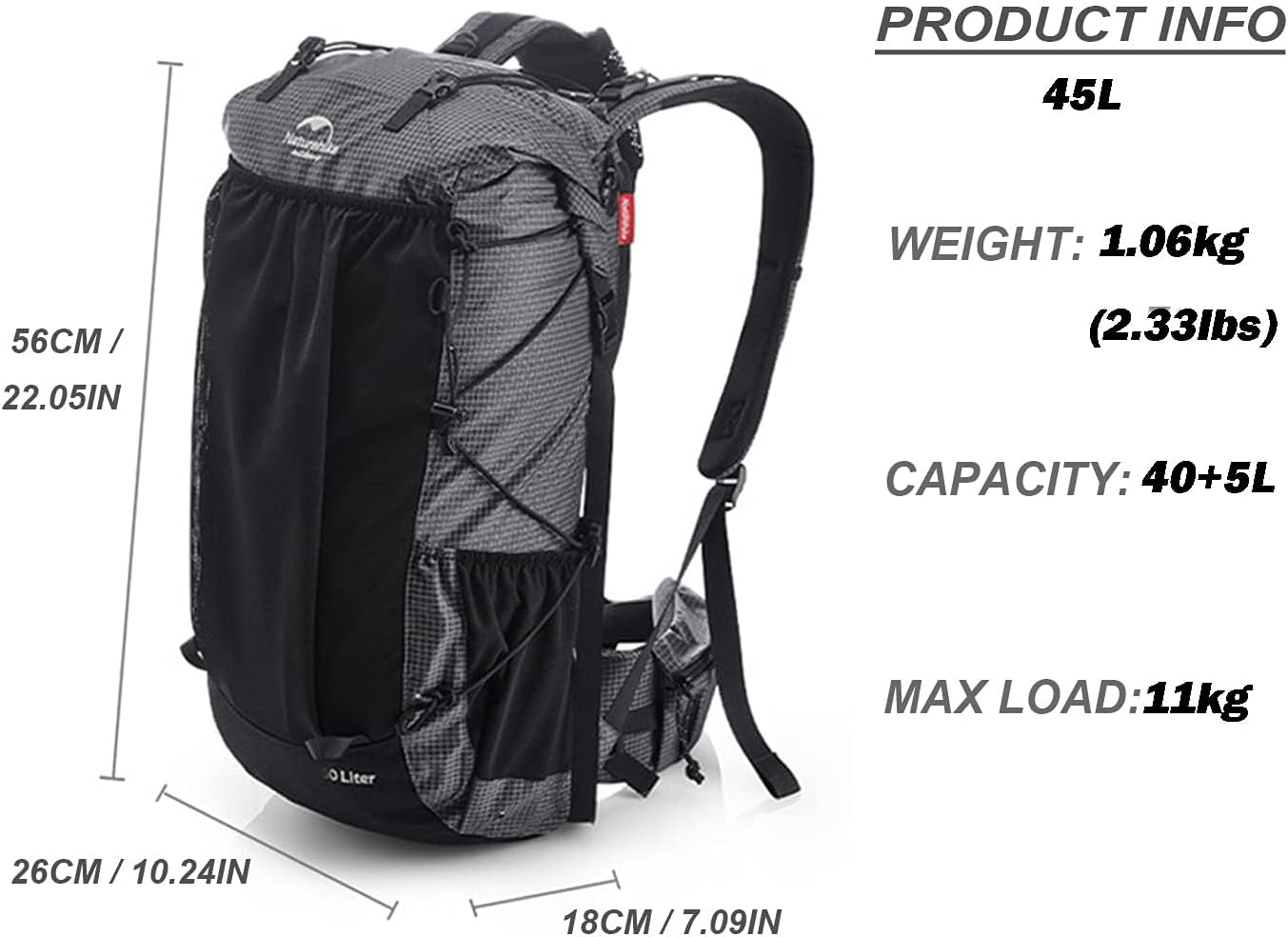 Hiking Camping Backpack 45L/65L Lightweight Internal Frame with Rain Cover for Backpacking Outdoor Sports ((40+5) L
