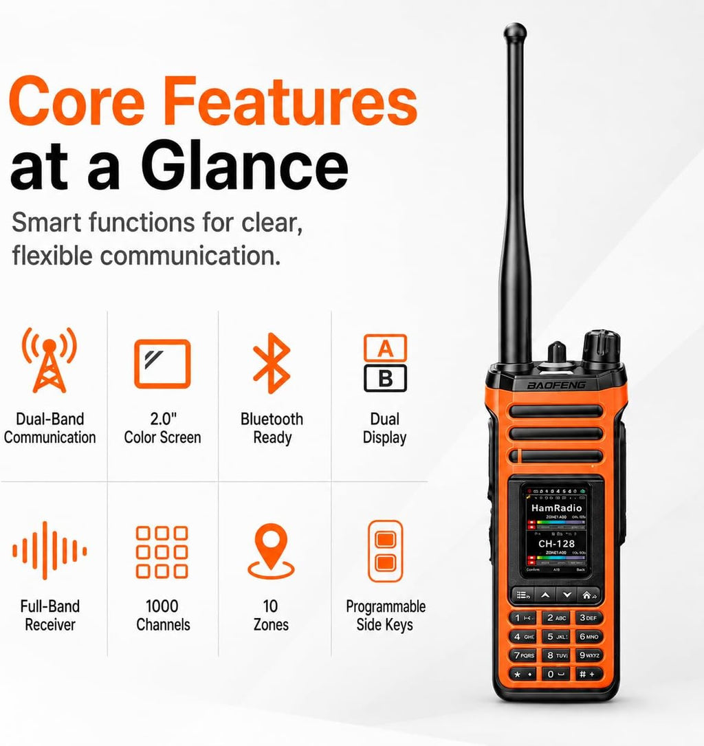 SW-9 Orange Handheld Ham Radio, Dual Band VHF UHF, NOAA Receive | Bluetooth App Programming with OLA Radio, Full-Band